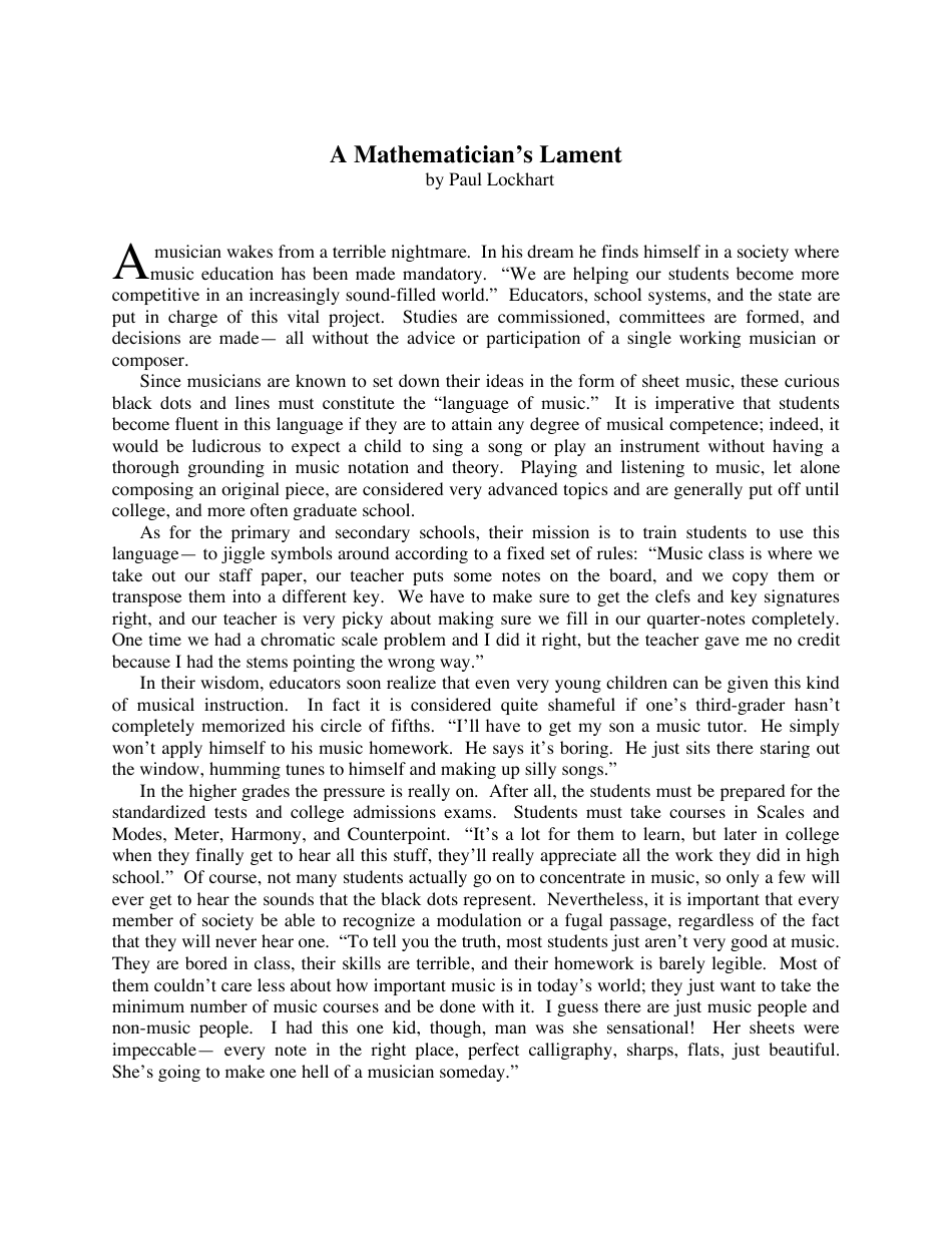 A Mathematicians Lament - Paul Lockhart, Page 1