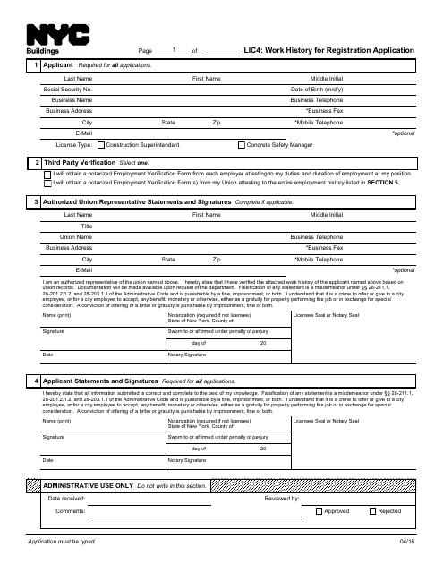 Form LIC4 Work History for Registration Application - New York City
