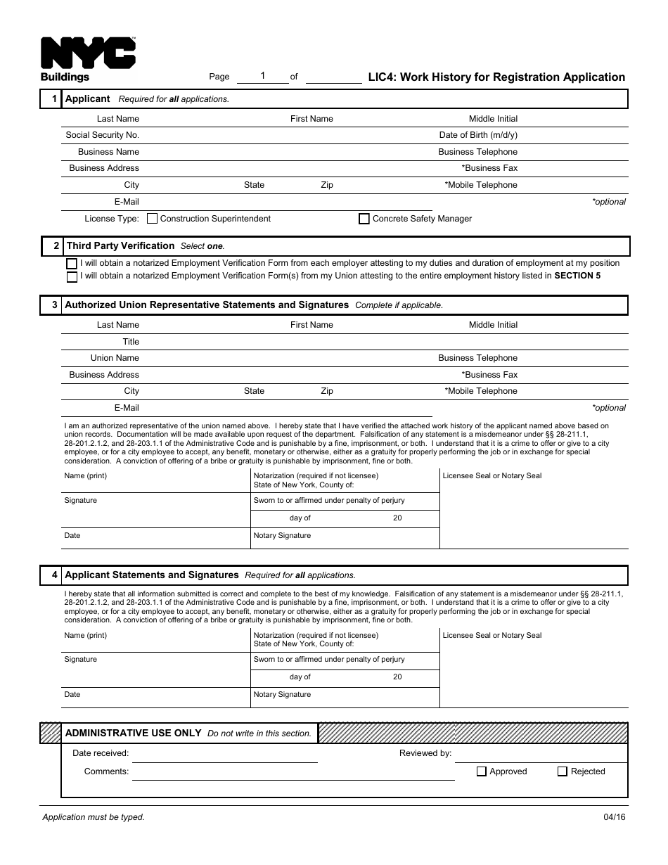 Form LIC4 Work History for Registration Application - New York City, Page 1
