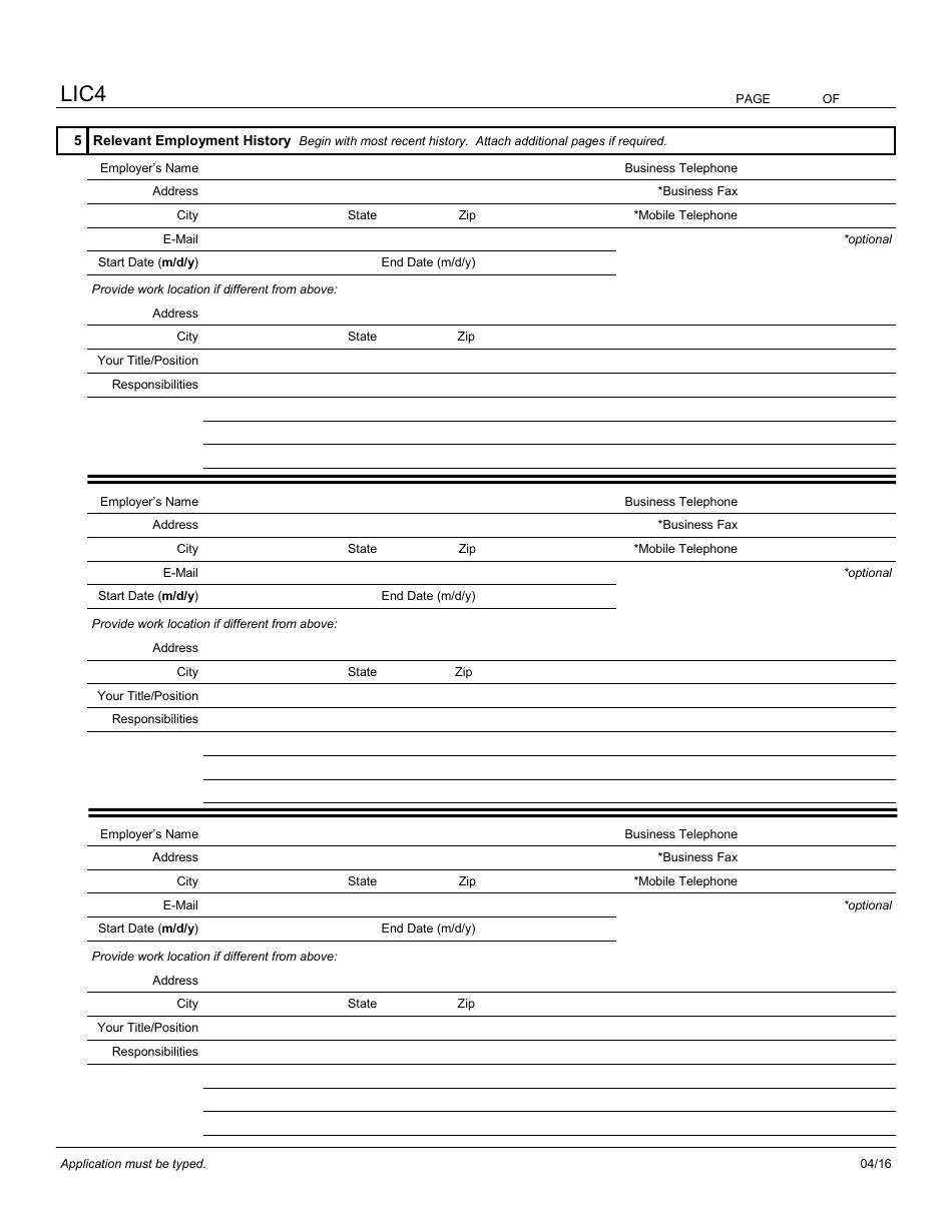 Form LIC4 Work History for Registration Application - New York City, Page 2