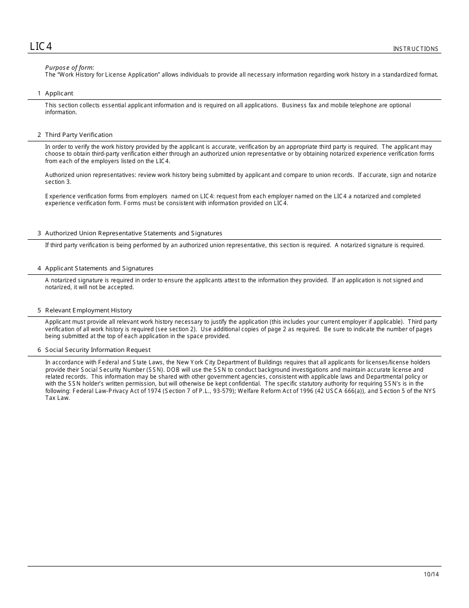 Instructions for Form LIC4 Work History for Registration Application - New York City, Page 1