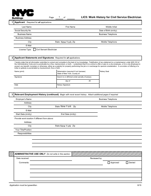 Form LIC5 Work History for Civil Service Electrician - New York City