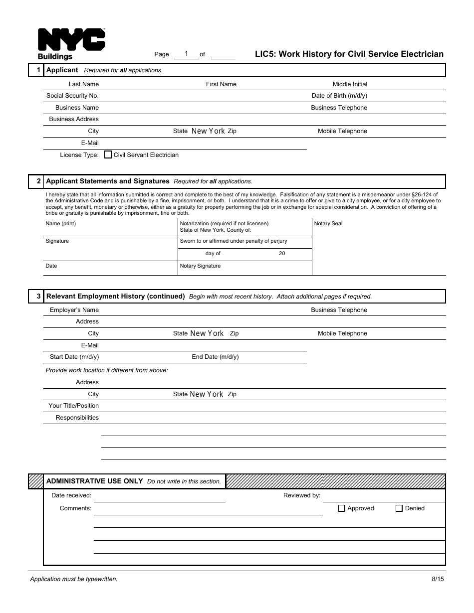 Form LIC5 Work History for Civil Service Electrician - New York City, Page 1