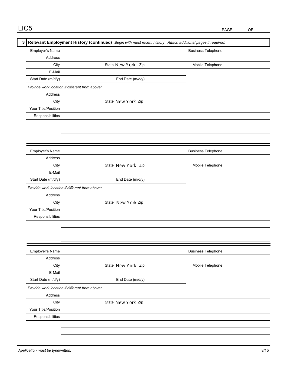 Form LIC5 Work History for Civil Service Electrician - New York City, Page 2