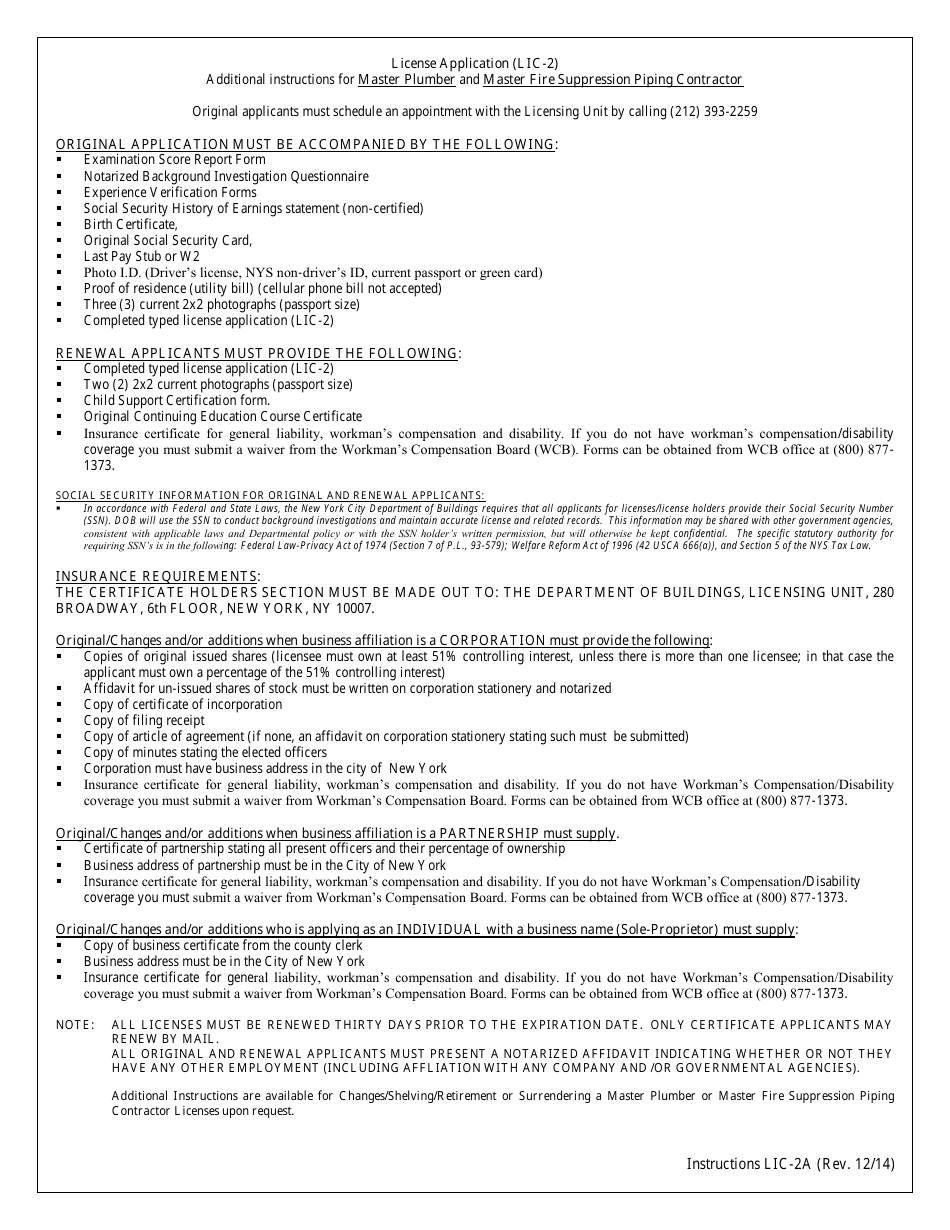 Form LIC-2A Additional Instructions for Master Plumber and Master Fire Suppression Piping Contractor - New York City, Page 1
