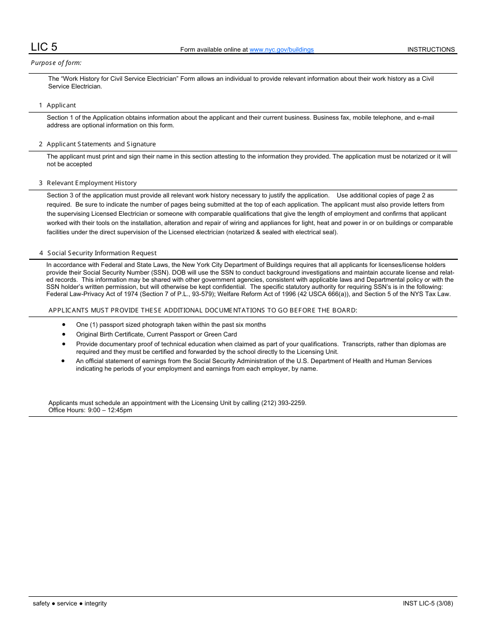 Instructions for Form LIC5 Work History for Civil Service Electrician - New York City, Page 1