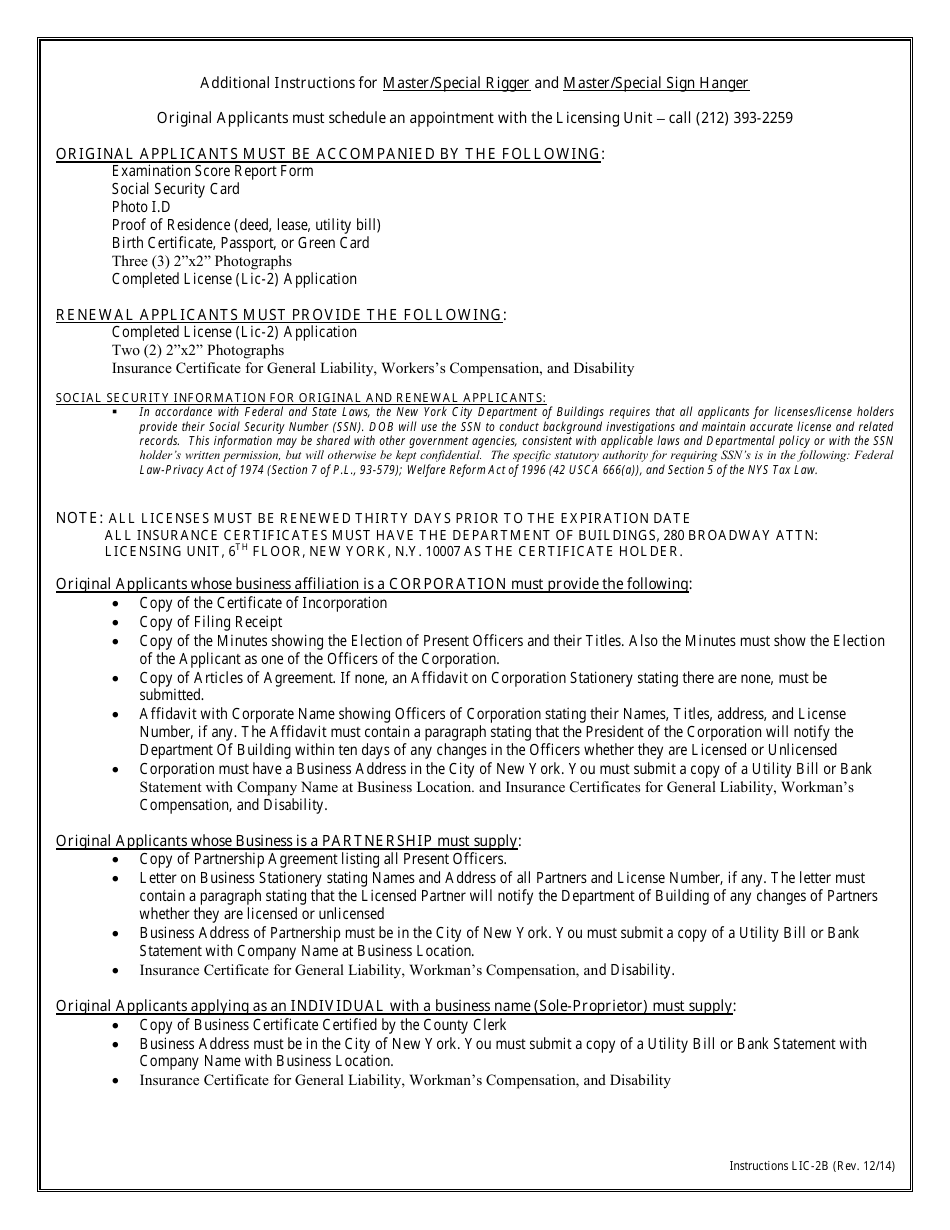 Form LIC-2B Additional Instructions for Master / Special Rigger and Master / Special Sign Hanger - New York City, Page 1