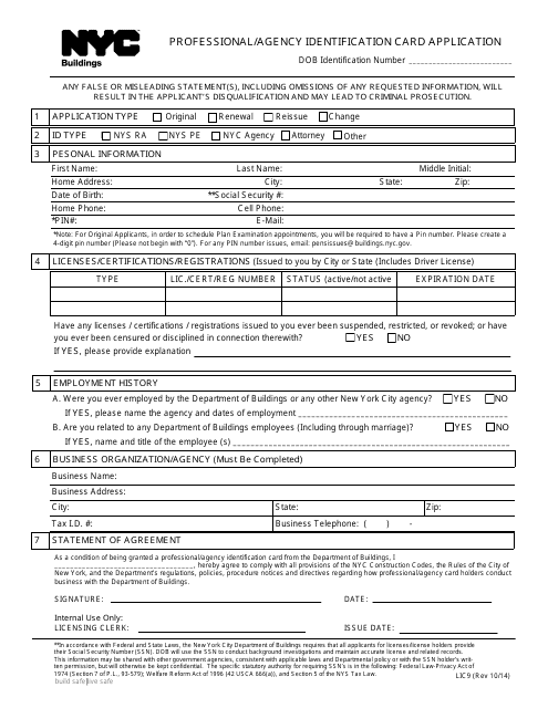 Form LIC9 Professional/Agency Identification Card Application - New York City