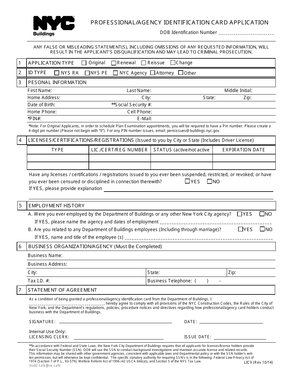 Form LIC9 Professional / Agency Identification Card Application - New York City, Page 1