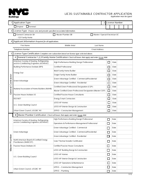 Form LIC35 Sustainable Contractor Application - New York City