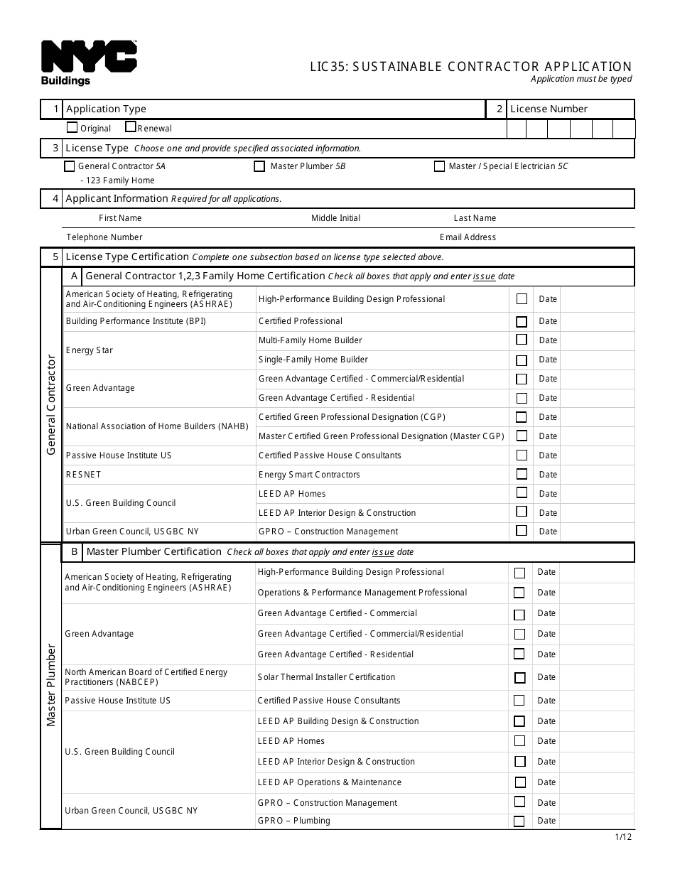 Form LIC35 Sustainable Contractor Application - New York City, Page 1