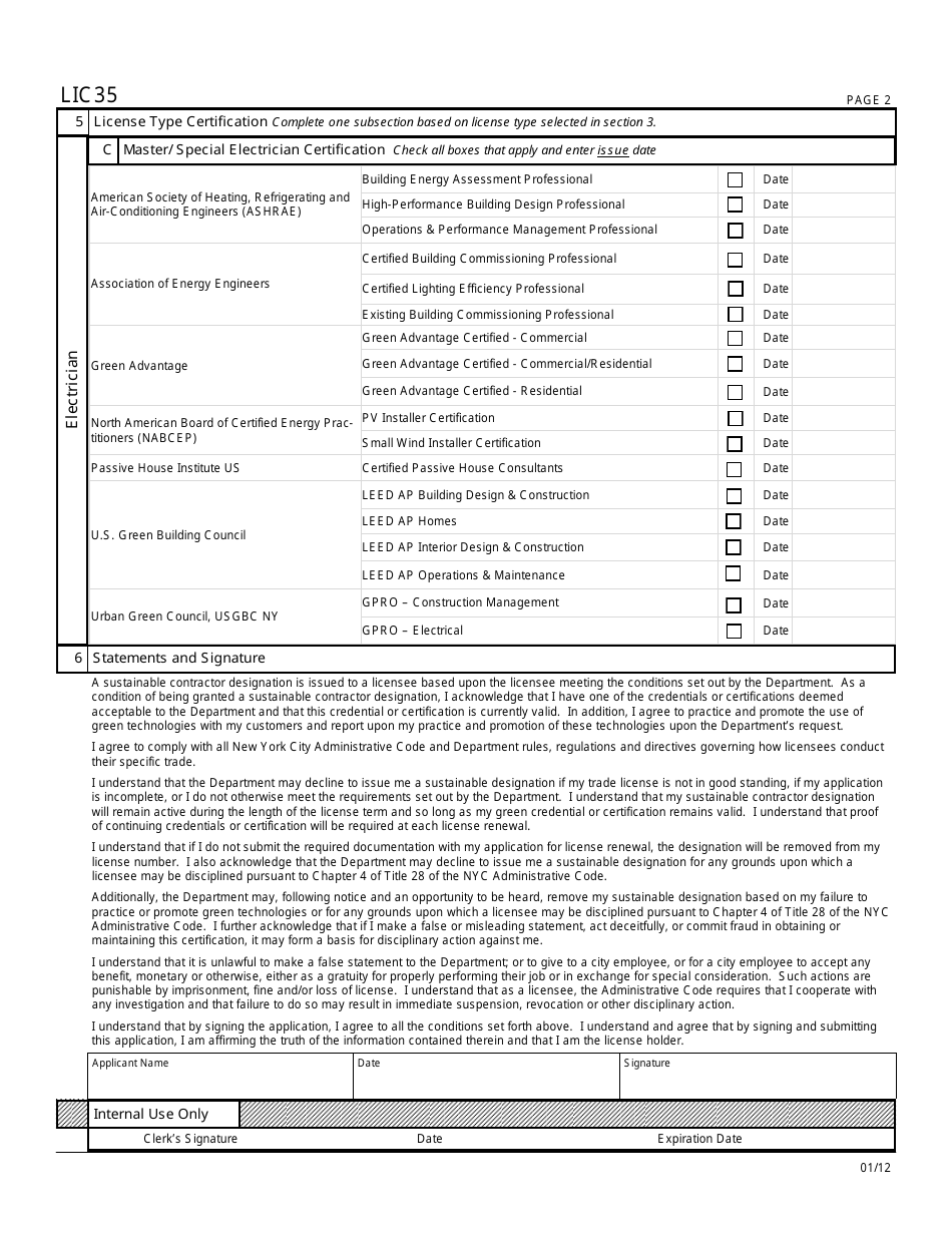 Form LIC35 Sustainable Contractor Application - New York City, Page 2