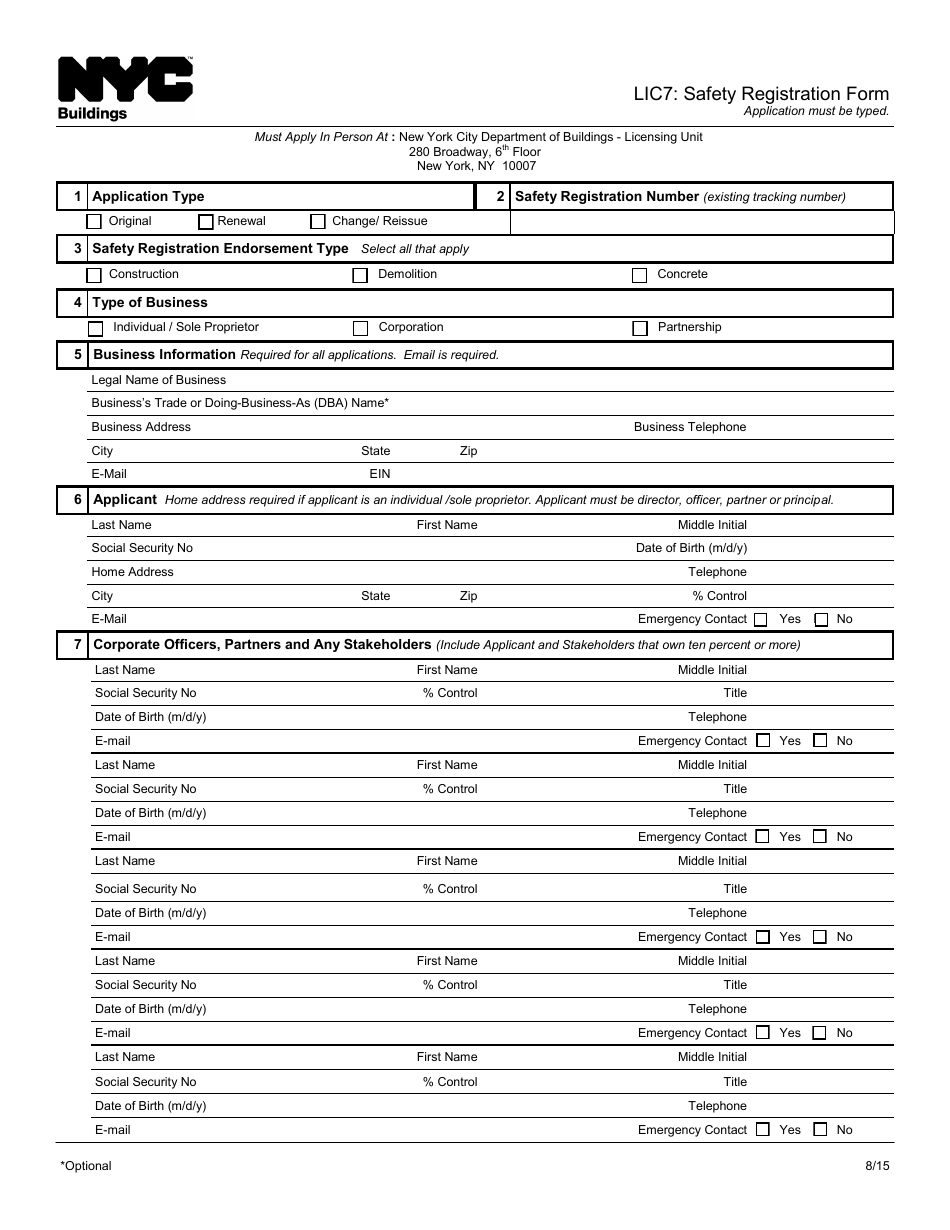 Form LIC7 Safety Registration Form - New York City, Page 1