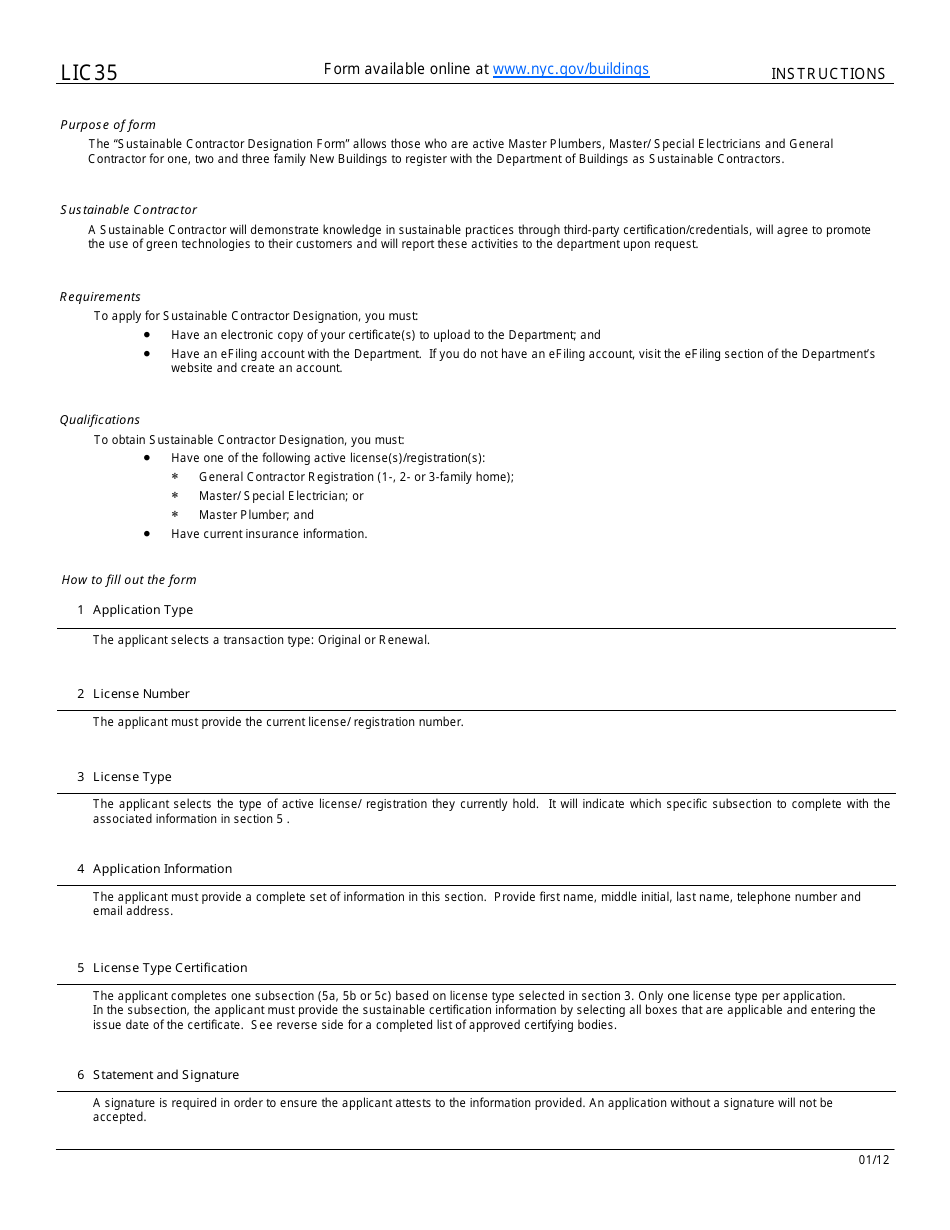 Instructions for Form LIC35 Sustainable Contractor Application - New York City, Page 1