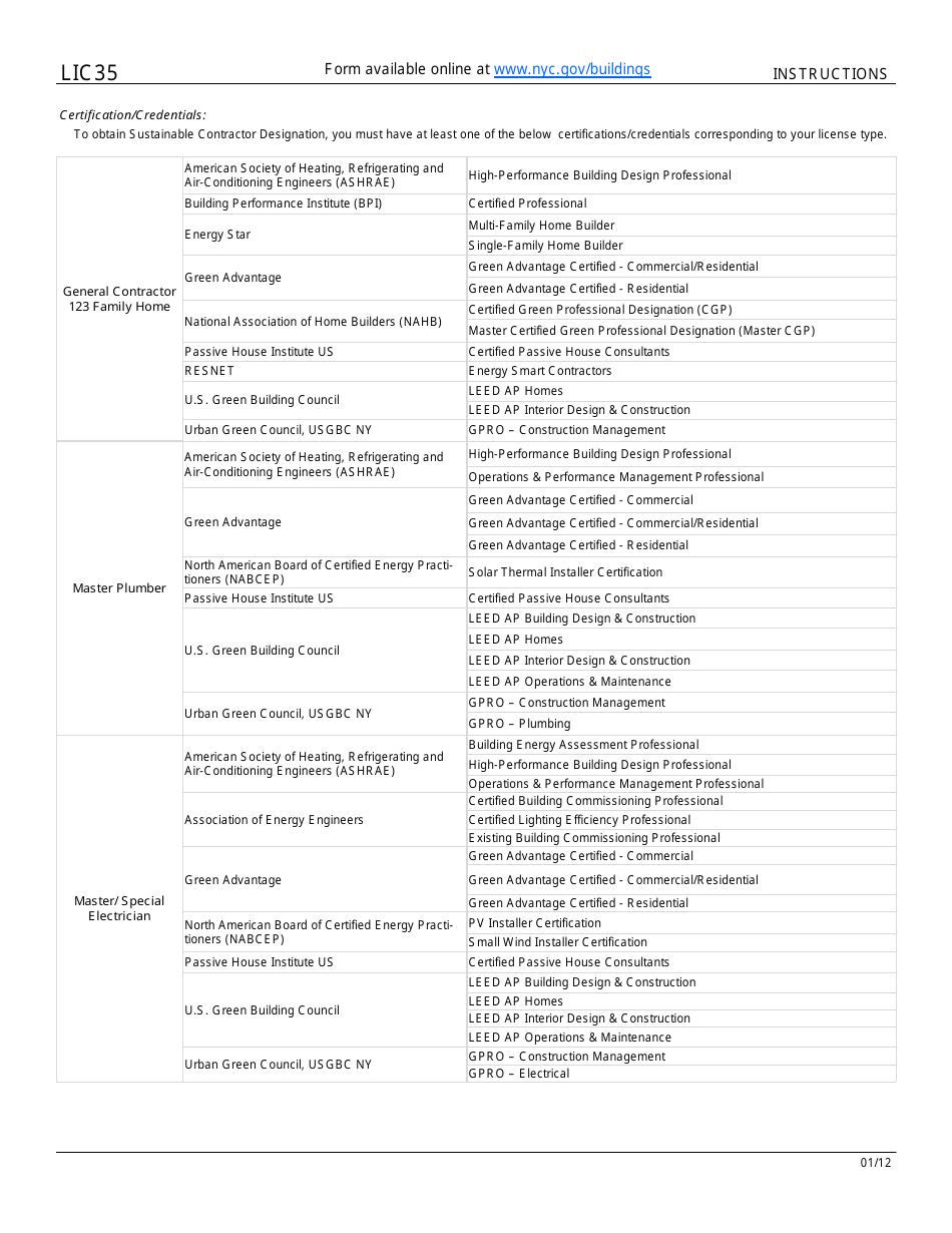 Instructions for Form LIC35 Sustainable Contractor Application - New York City, Page 2