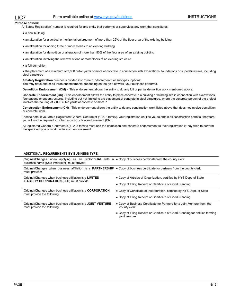 Instructions for Form LIC7 Safety Registration Form - New York City, Page 1