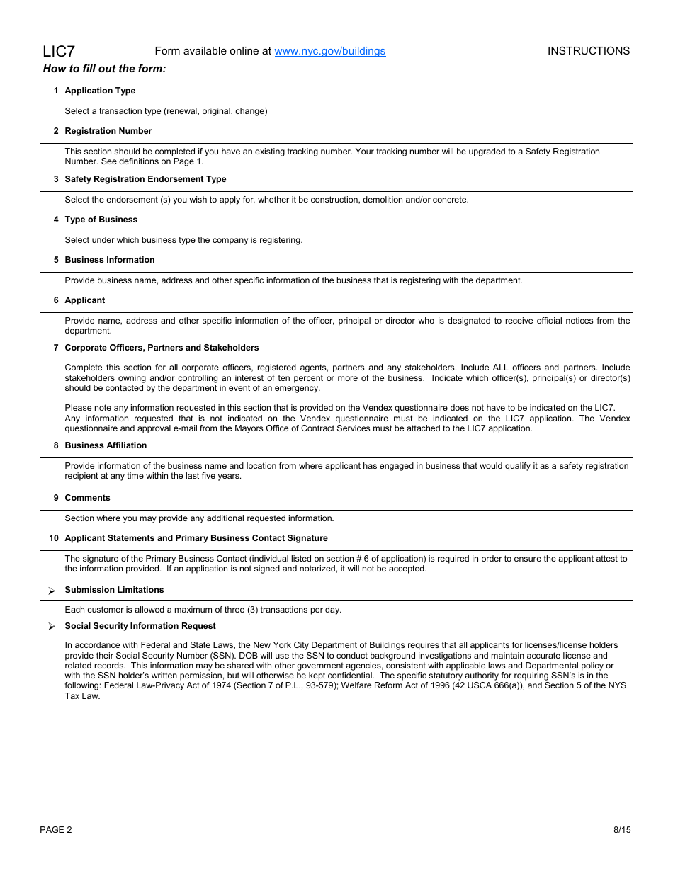 Instructions for Form LIC7 Safety Registration Form - New York City, Page 2