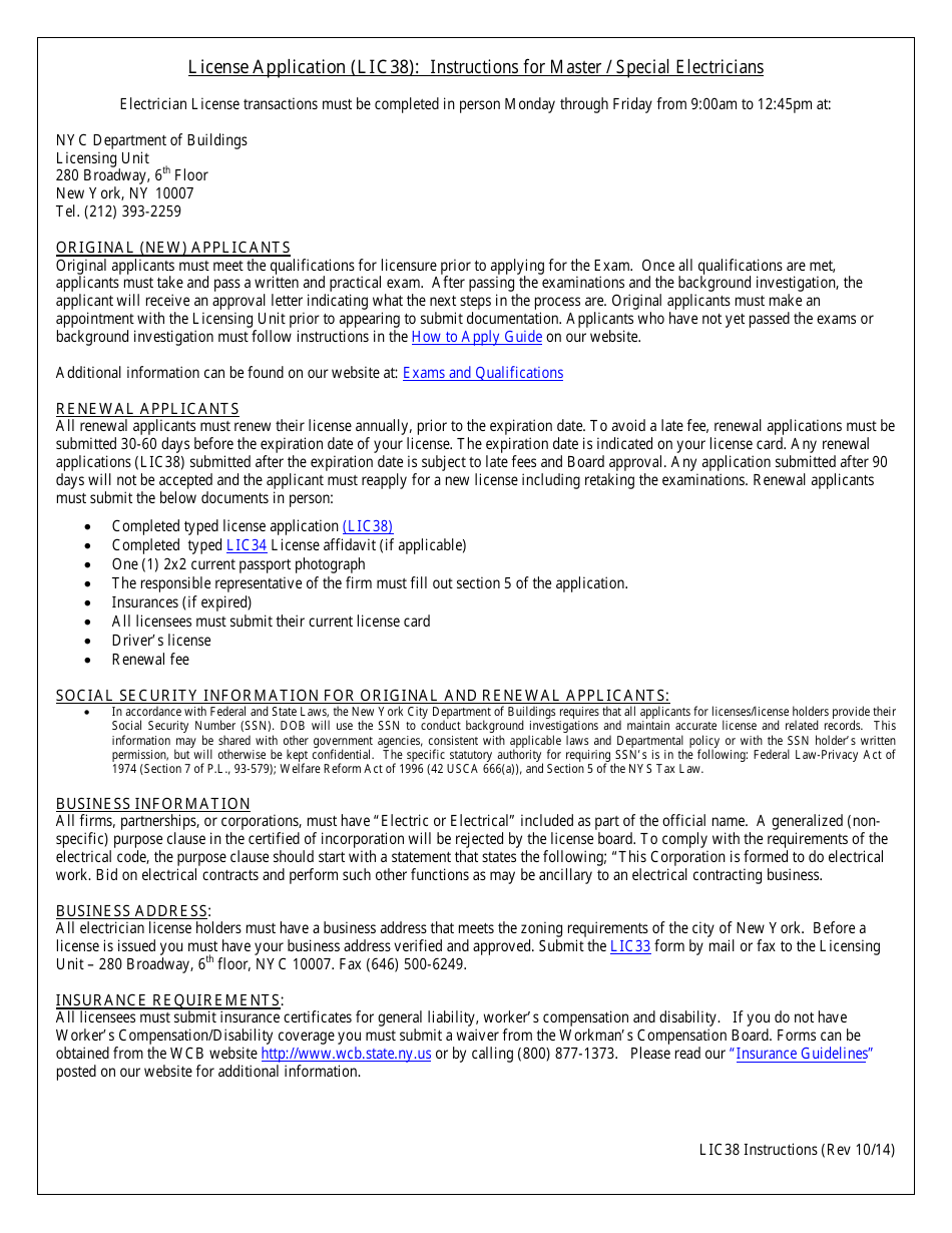 Instructions for Form LIC38 Electrical License Application - New York City, Page 1