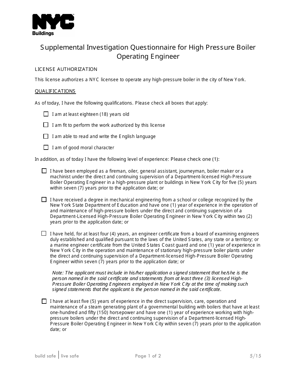 Supplemental Investigation Questionnaire for High Pressure Boiler Operating Engineer - New York City, Page 1