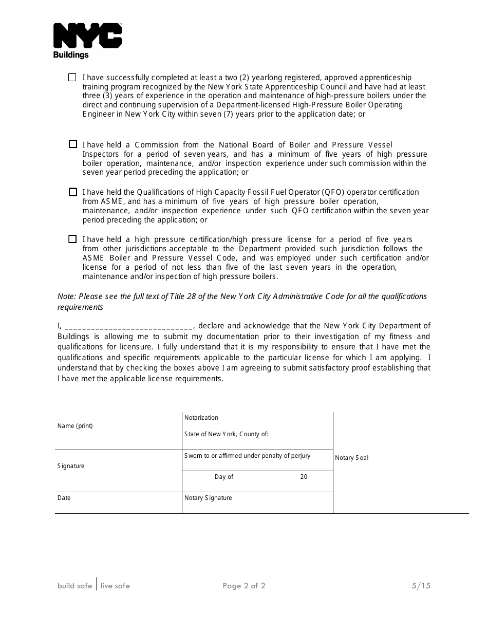 Supplemental Investigation Questionnaire for High Pressure Boiler Operating Engineer - New York City, Page 2