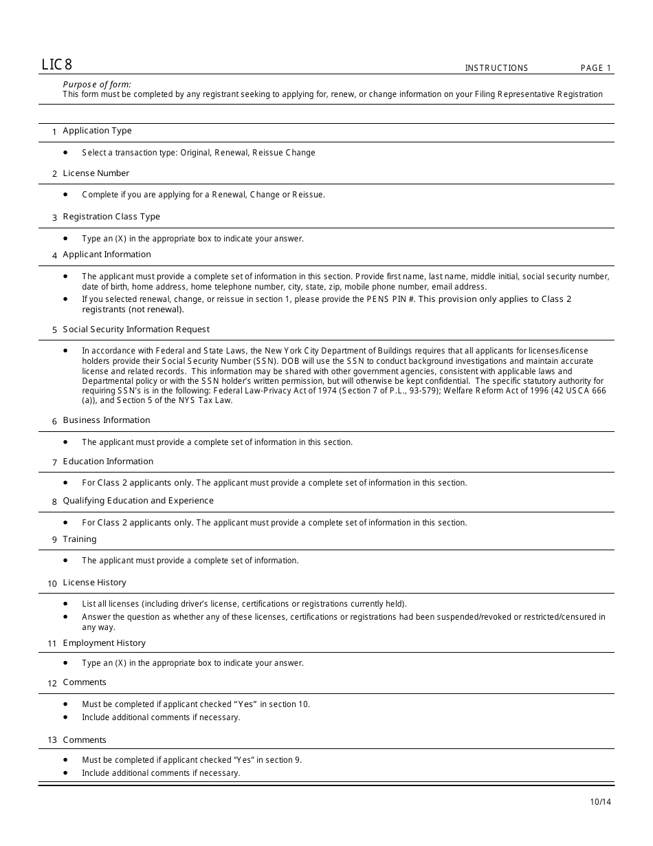 Instructions for Form LIC8 Filing Representative Application - New York City, Page 1