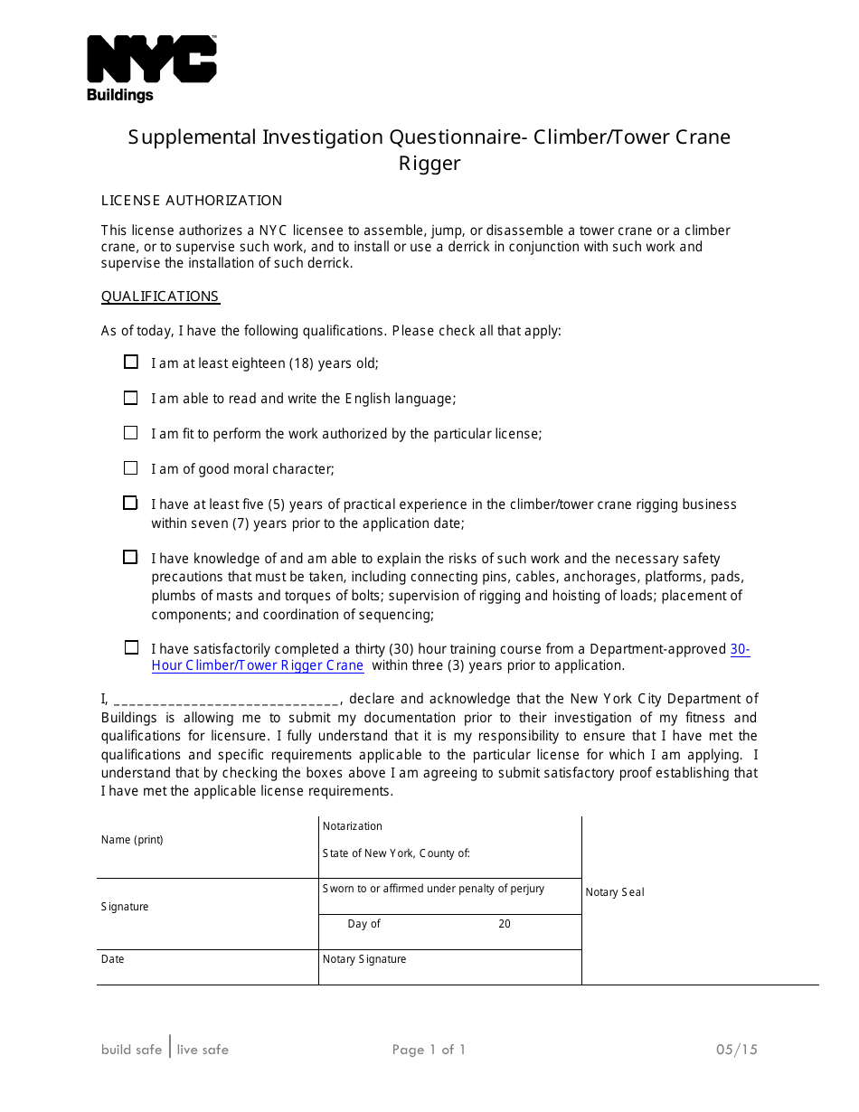 Supplemental Investigation Questionnaire - Climber / Tower Crane Rigger - New York City, Page 1