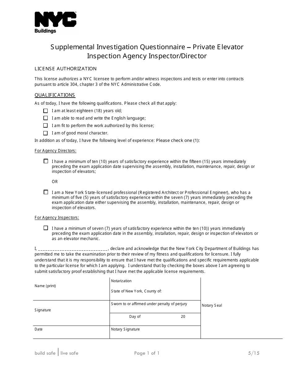 Supplemental Investigation Questionnaire - Private Elevator Inspection Agency Inspector / Director - New York City, Page 1