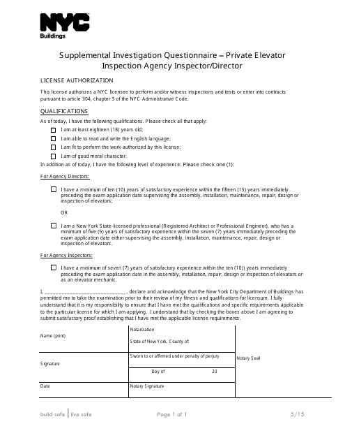 Supplemental Investigation Questionnaire - Private Elevator Inspection Agency Inspector/Director - New York City