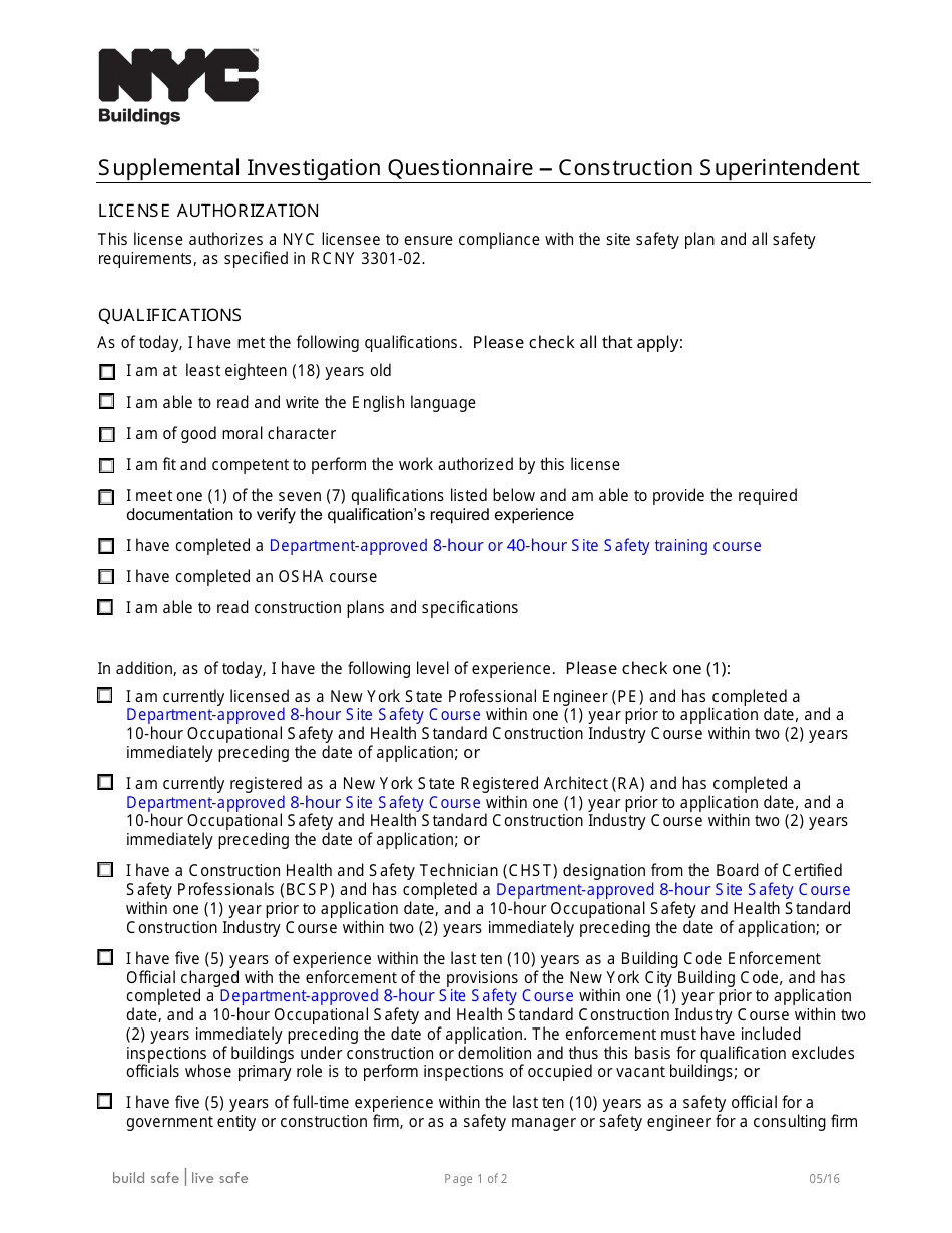 Supplemental Investigation Questionnaire - Construction Superintendent - New York City, Page 1