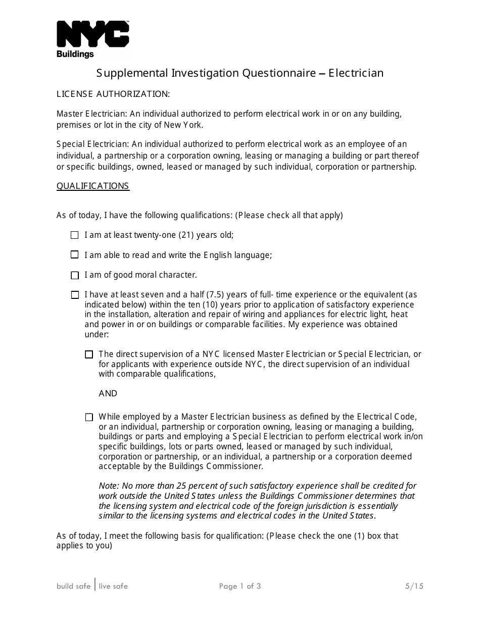 Supplemental Investigation Questionnaire - Electrician - New York City, Page 1