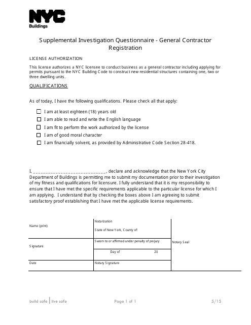 Supplemental Investigation Questionnaire - General Contractor Registration - New York City Download Pdf
