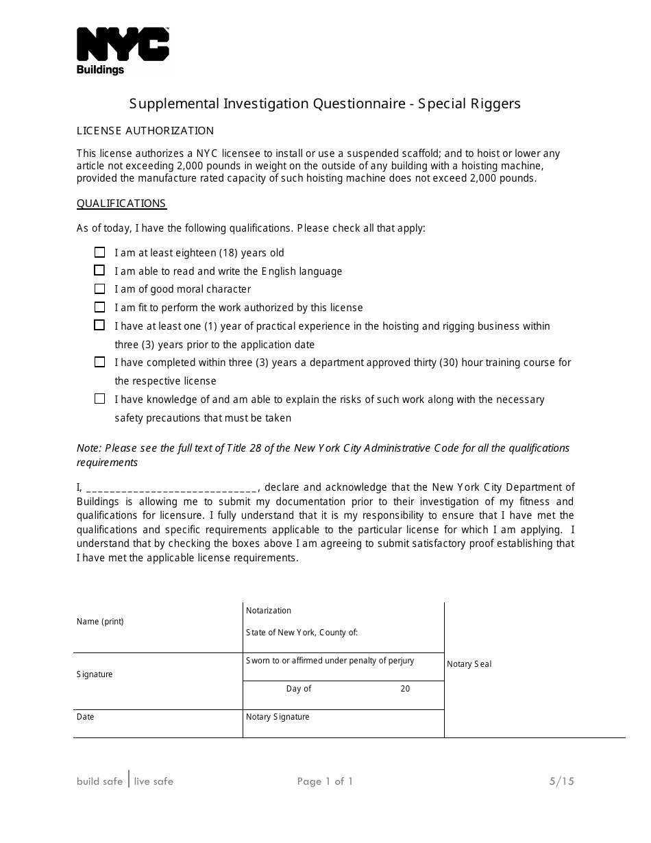 Supplemental Investigation Questionnaire - Special Riggers - New York City, Page 1