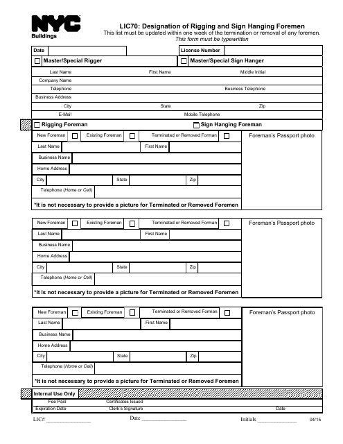 Form LIC70 Designation of Rigging and Sign Hanging Foremen - New York City