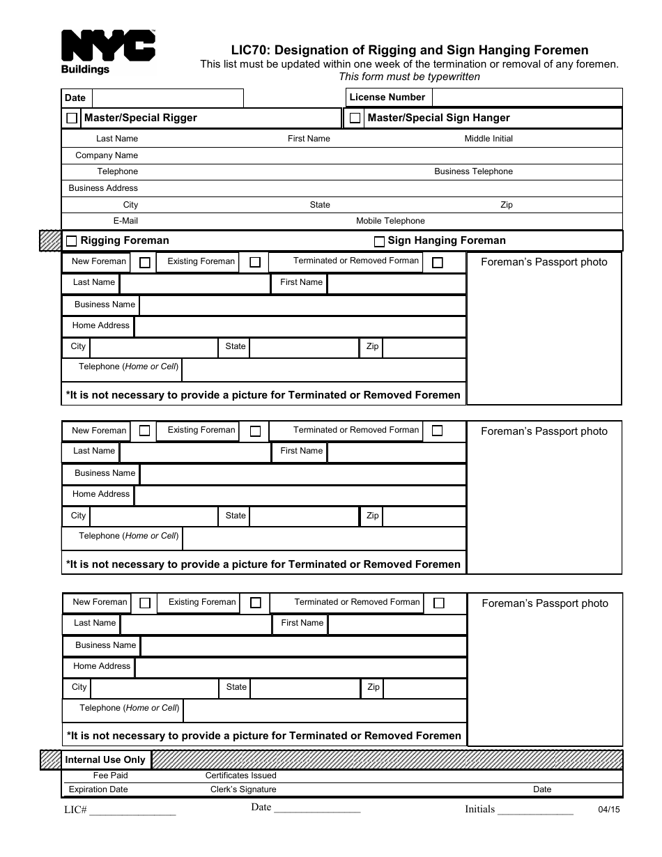 Form LIC70 Designation of Rigging and Sign Hanging Foremen - New York City, Page 1