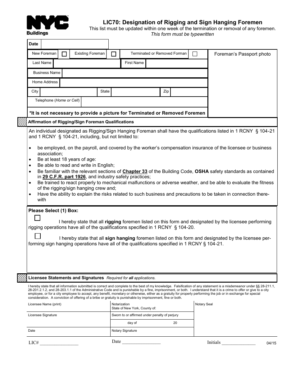 Form LIC70 Designation of Rigging and Sign Hanging Foremen - New York City, Page 3