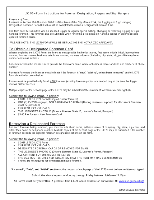 Instructions for Form LIC70 Designation of Rigging and Sign Hanging Foremen - New York City