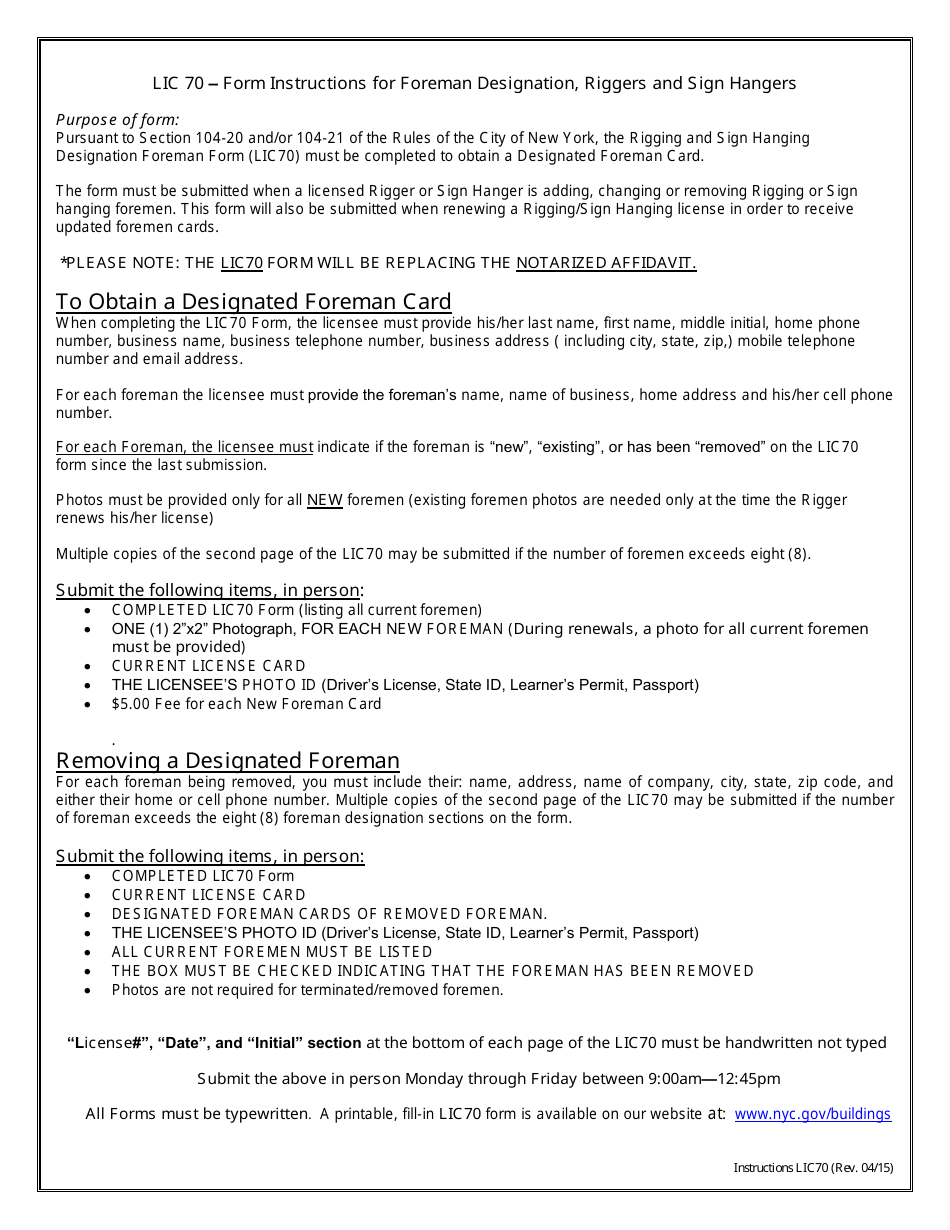 Instructions for Form LIC70 Designation of Rigging and Sign Hanging Foremen - New York City, Page 1