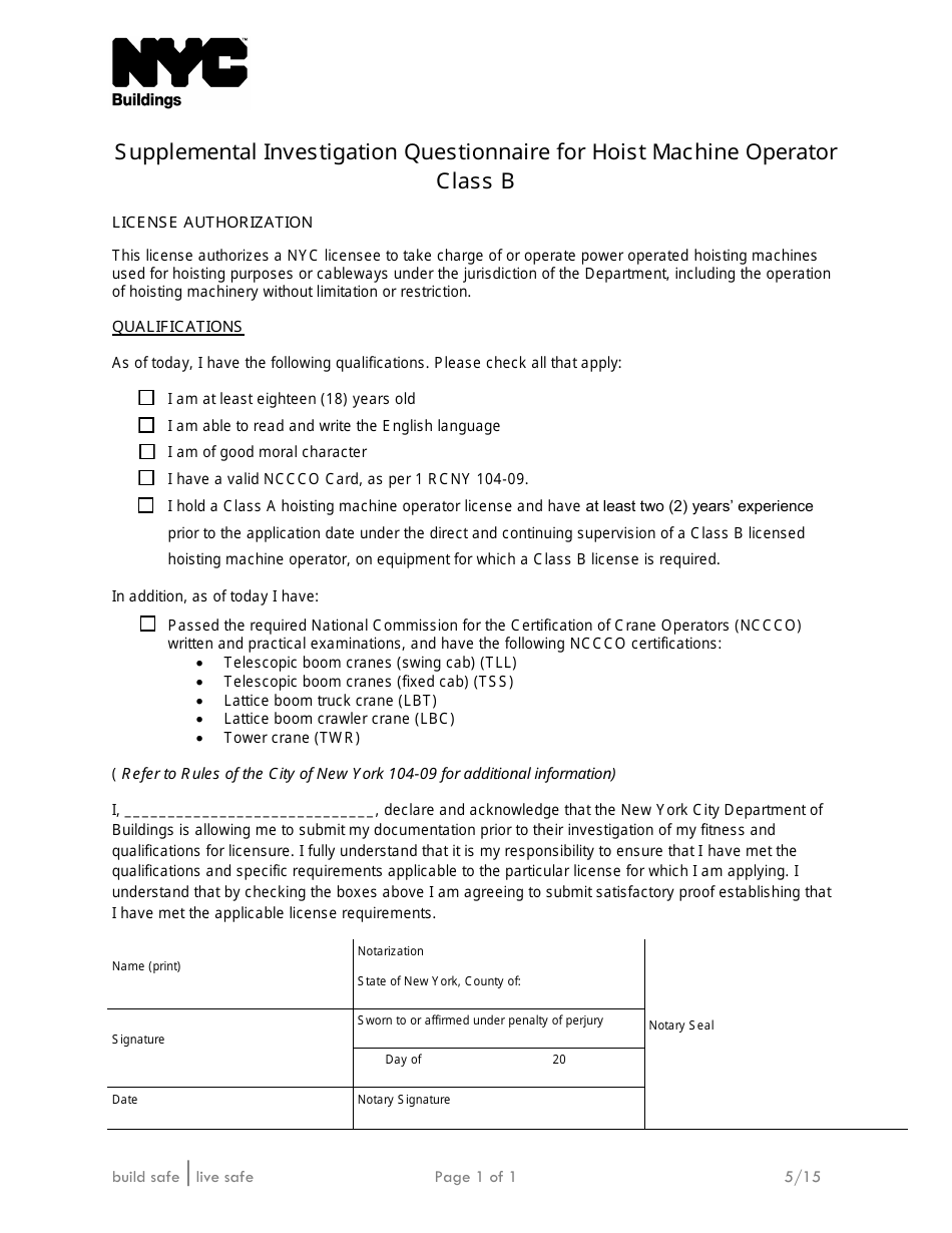 Supplemental Investigation Questionnaire for Hoist Machine Operator Class B - New York City, Page 1