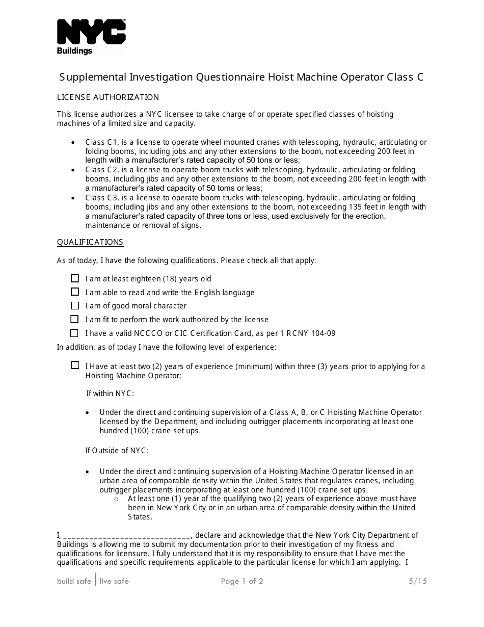 Supplemental Investigation Questionnaire Hoist Machine Operator Class C - New York City, Page 1