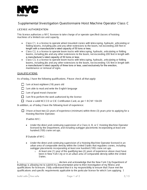 Supplemental Investigation Questionnaire Hoist Machine Operator Class C - New York City Download Pdf