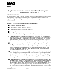 Supplemental Investigation Questionnaire for Master Fire Suppression Piping Contractor Class a, B or C - New York City