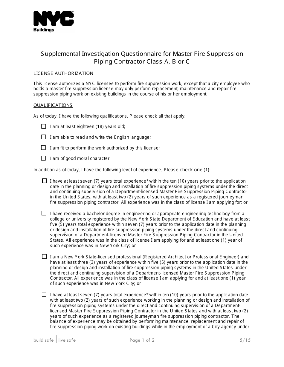 Supplemental Investigation Questionnaire for Master Fire Suppression Piping Contractor Class a, B or C - New York City, Page 1