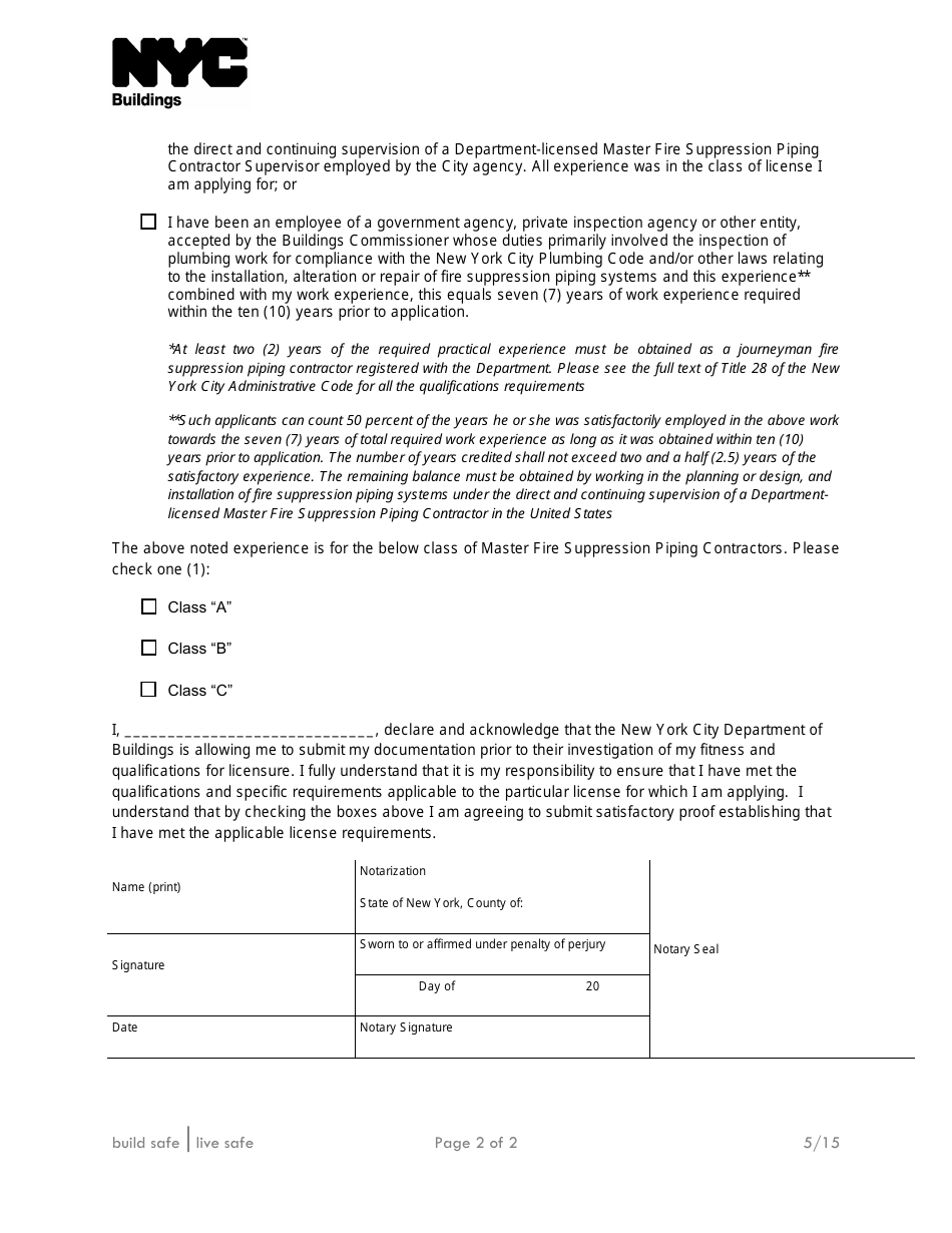 Supplemental Investigation Questionnaire for Master Fire Suppression Piping Contractor Class a, B or C - New York City, Page 2