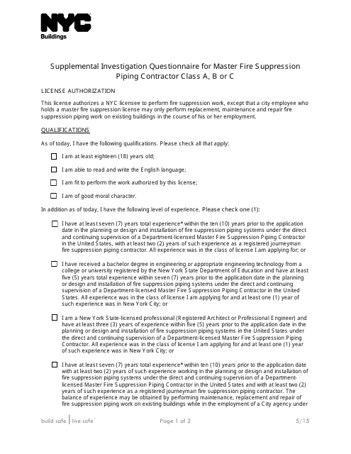 Supplemental Investigation Questionnaire for Master Fire Suppression Piping Contractor Class a, B or C - New York City