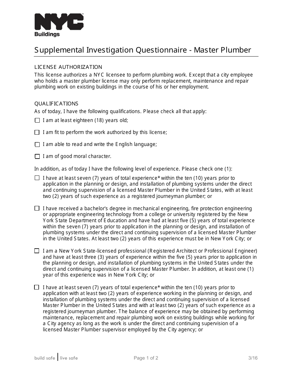Supplemental Investigation Questionnaire - Master Plumber - New York City, Page 1