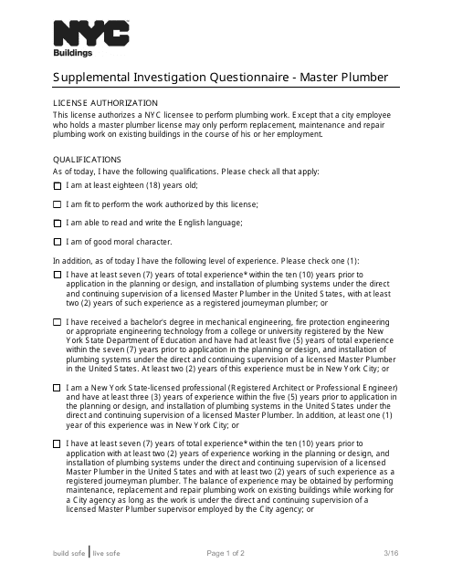 Supplemental Investigation Questionnaire - Master Plumber - New York City Download Pdf