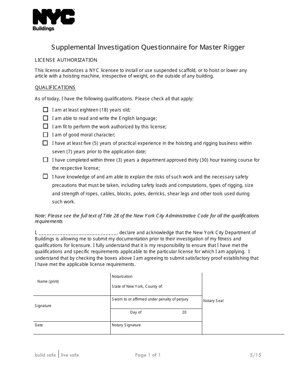 Supplemental Investigation Questionnaire for Master Rigger - New York City, Page 1