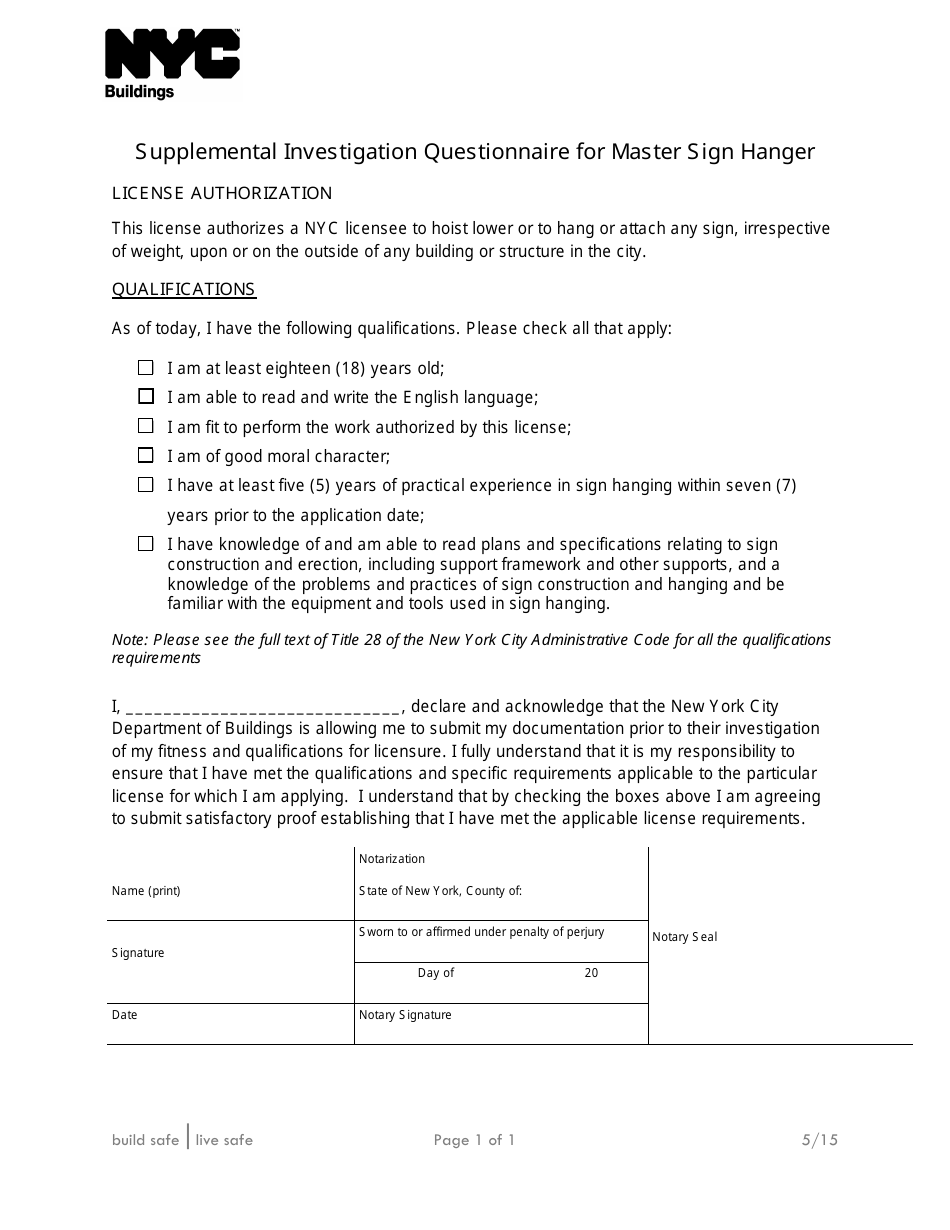 Supplemental Investigation Questionnaire for Master Sign Hanger - New York City, Page 1