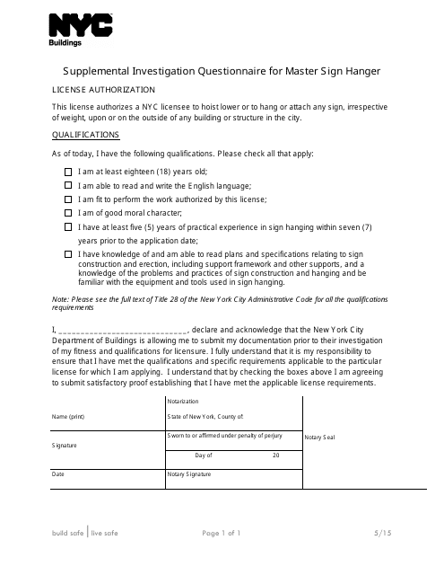 Supplemental Investigation Questionnaire for Master Sign Hanger - New York City Download Pdf