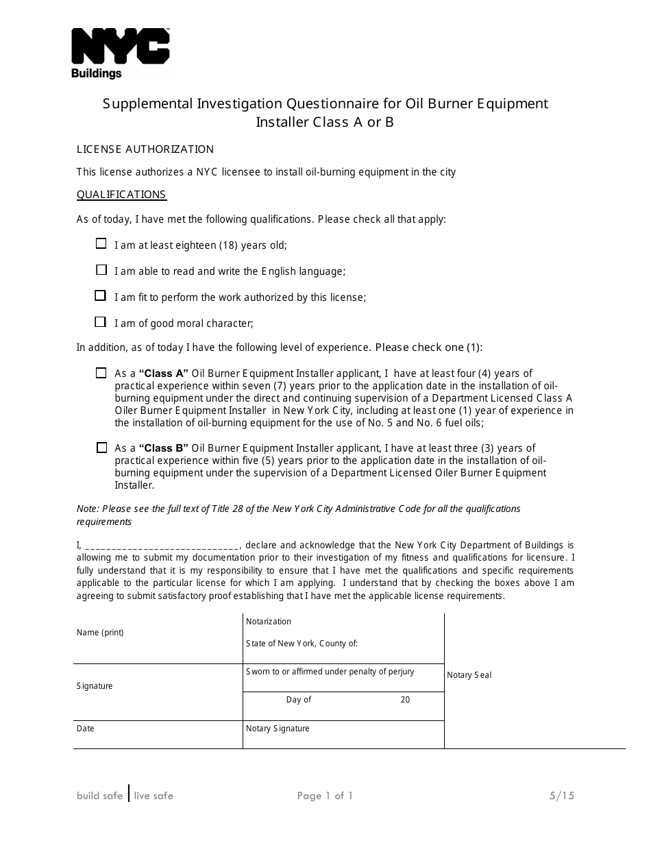 Supplemental Investigation Questionnaire for Oil Burner Equipment Installer Class a or B - New York City, Page 1